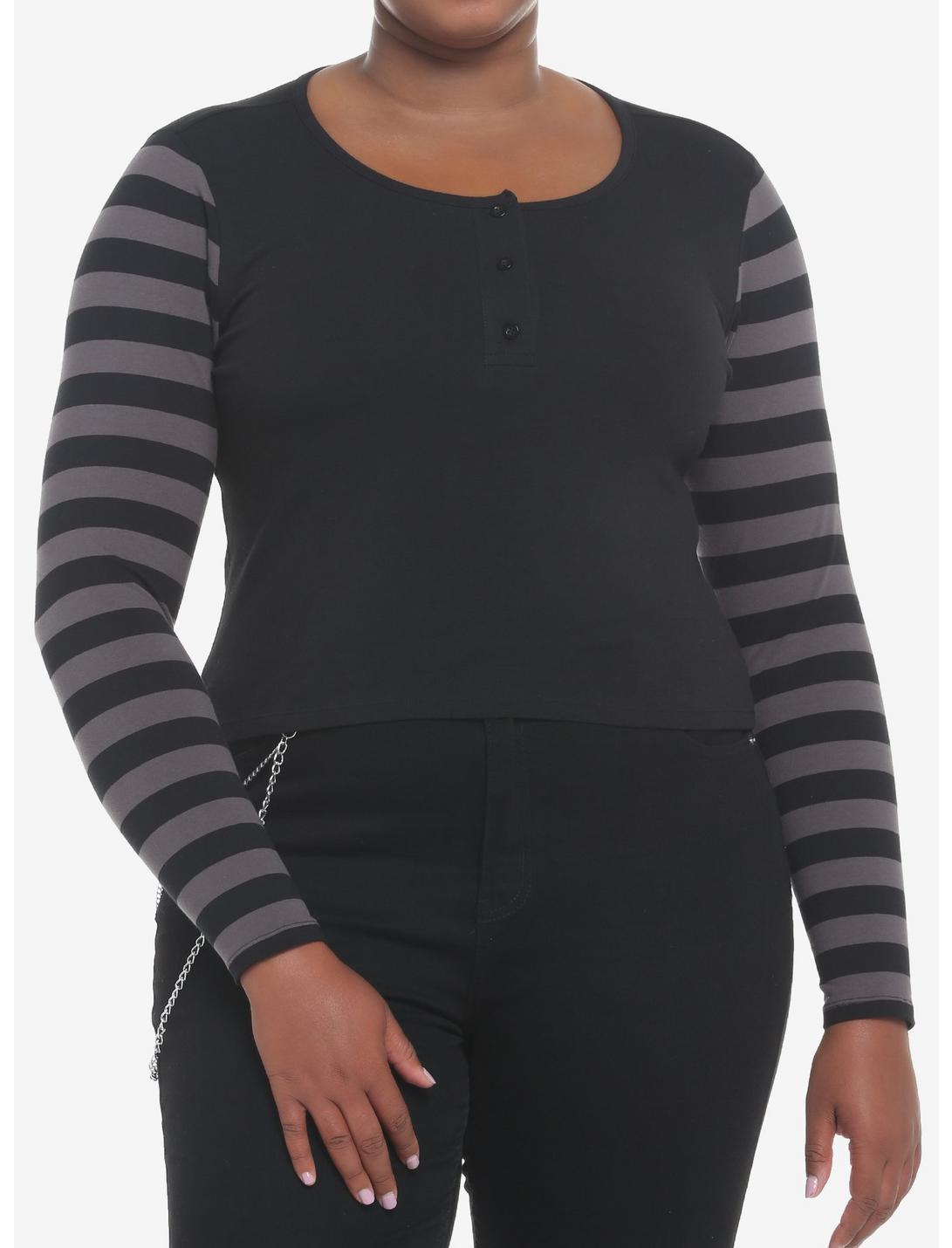Black & Grey Stripe Girls Long-Sleeve Henley Plus Size, GREY, hi-res