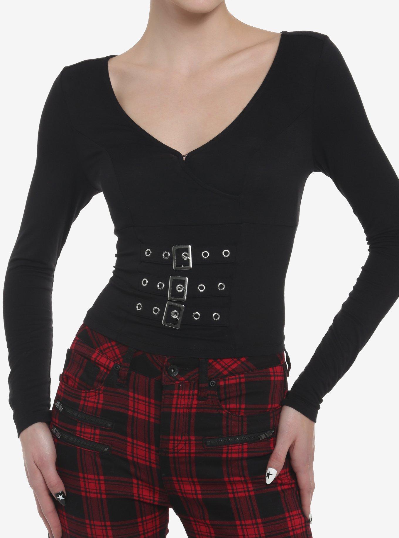 Black Buckles V-Neck Girls Long-Sleeve Top, BLACK, hi-res