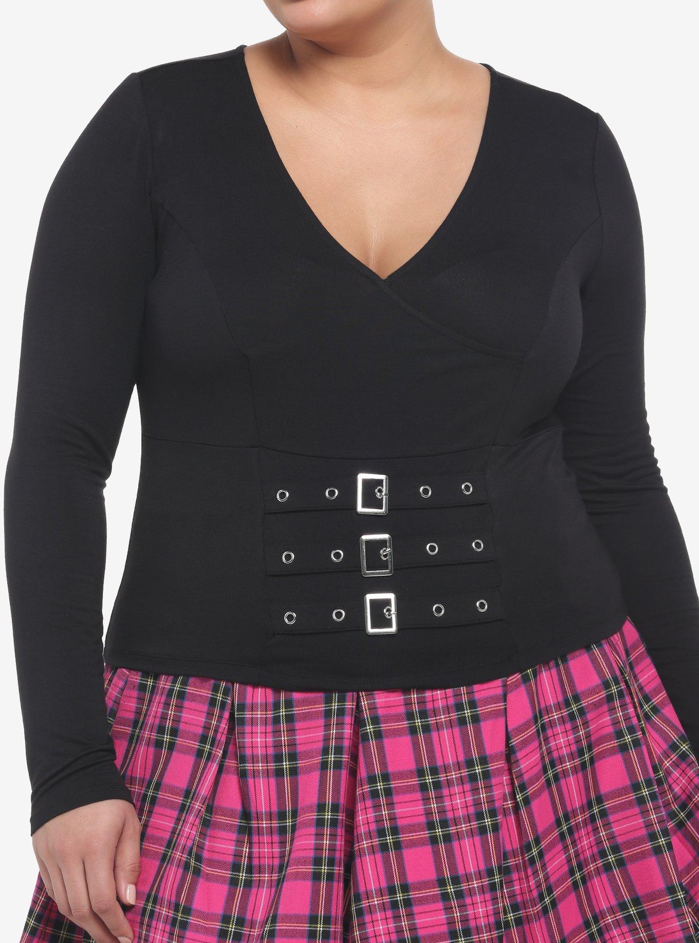Black Buckles V-Neck Girls Long-Sleeve Top Plus Size, BLACK, hi-res