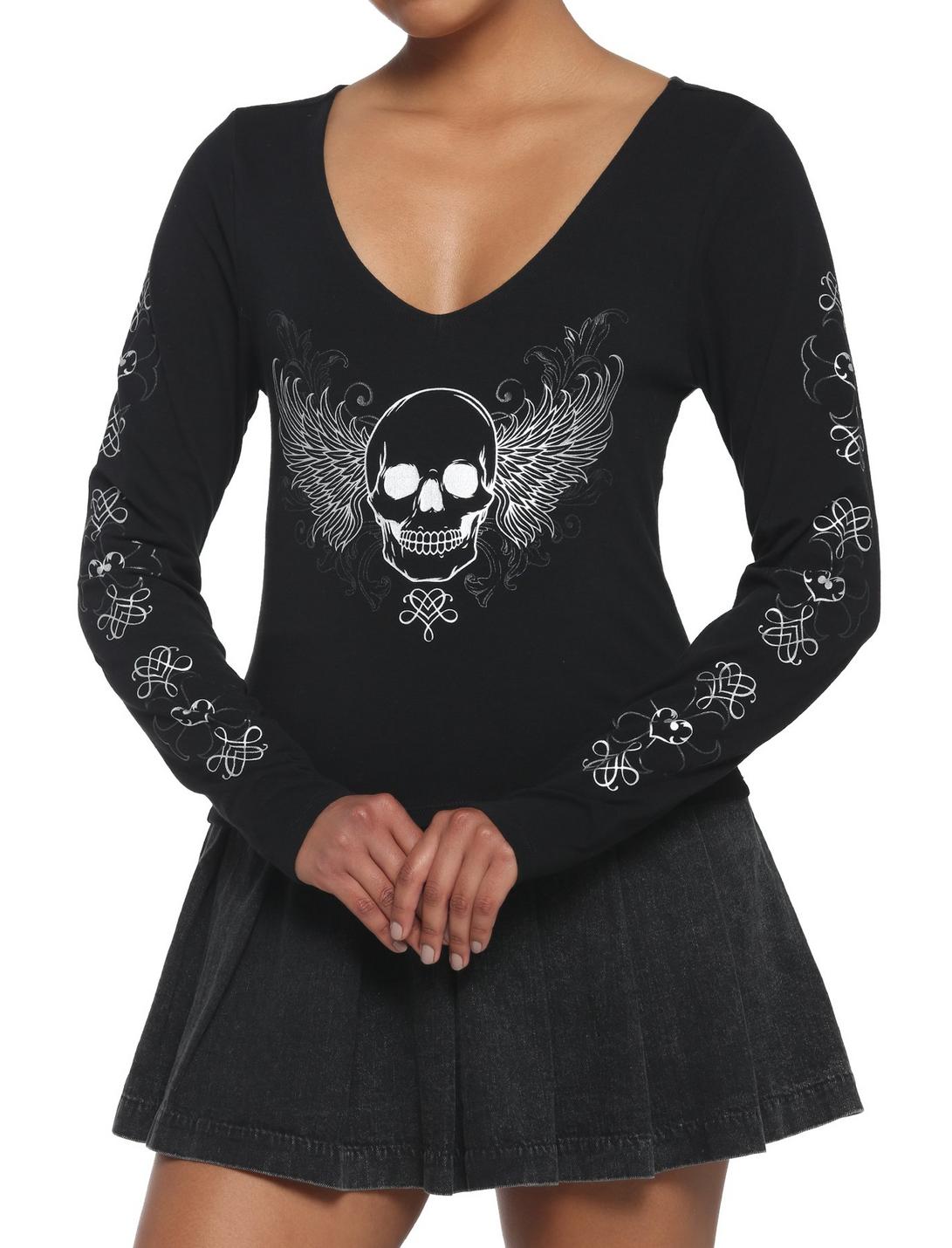 Winged Skull Crop Girls Long-Sleeve T-Shirt, BLACK, hi-res