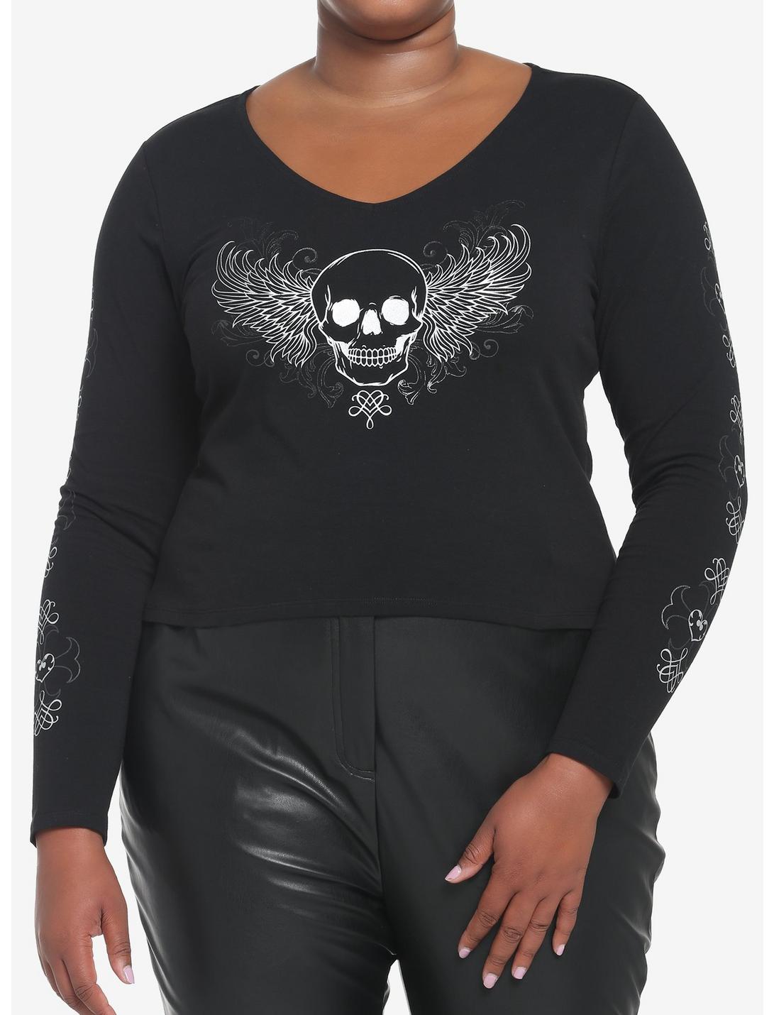 Winged Skull Crop Girls Long-Sleeve T-Shirt Plus Size, BLACK, hi-res