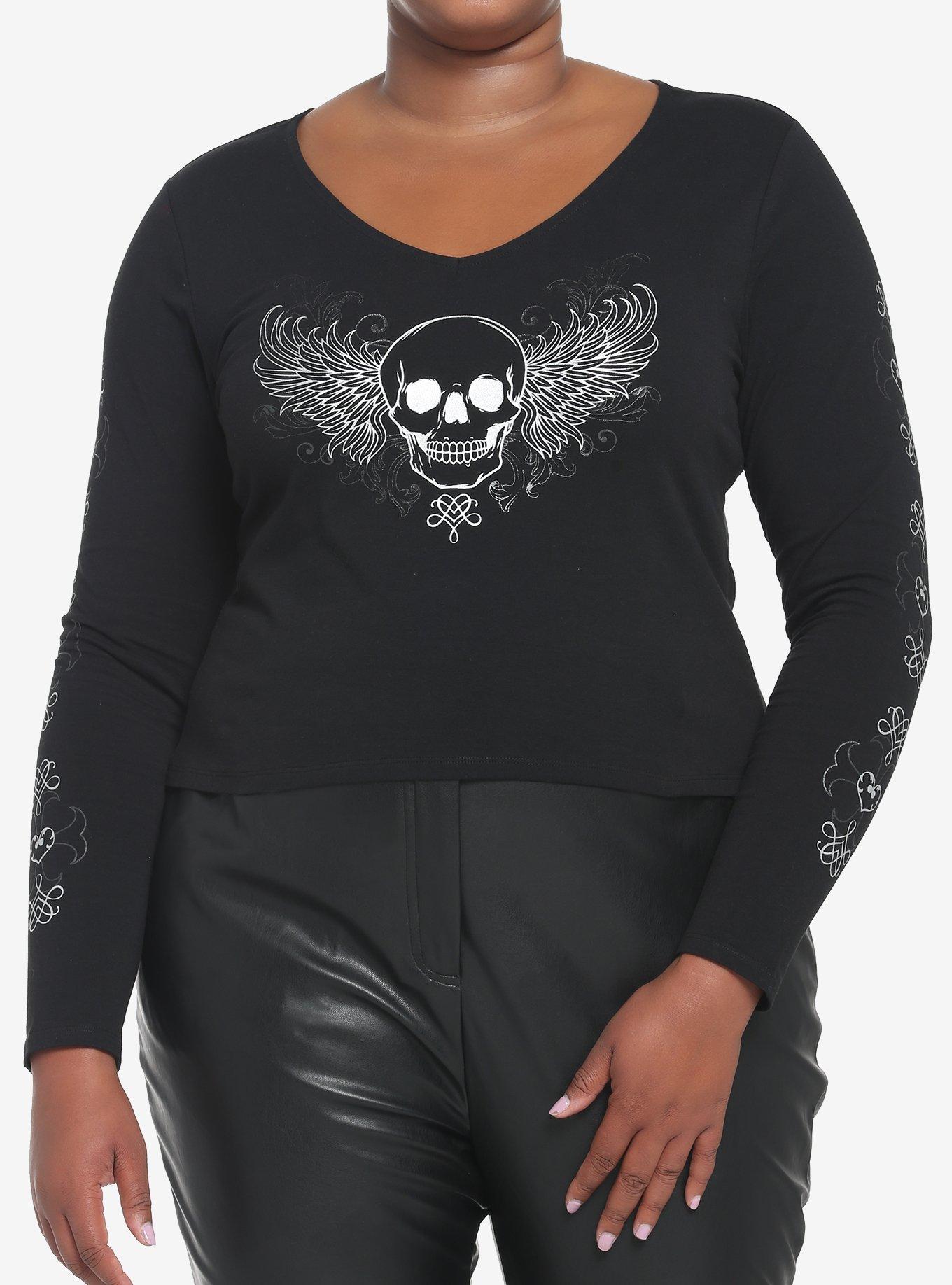 Winged Skull Crop Girls Long-Sleeve T-Shirt Plus Size, BLACK, hi-res