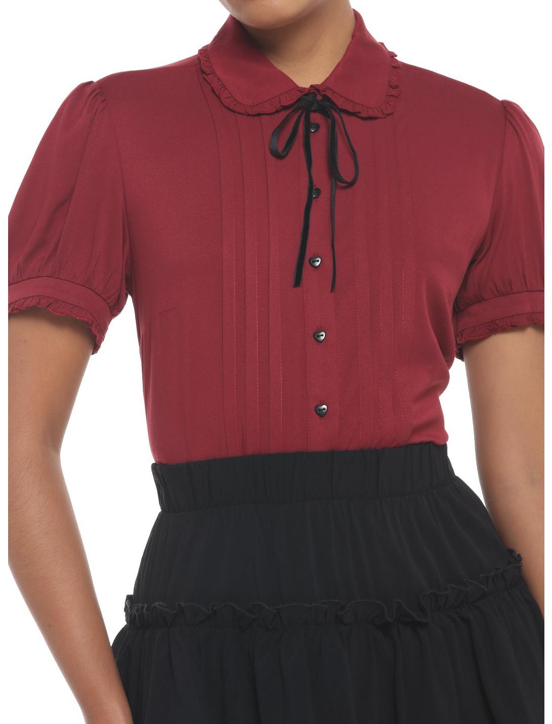 Dark Red Ribbon Tie Girls Woven Button-Up, DARK RED, hi-res