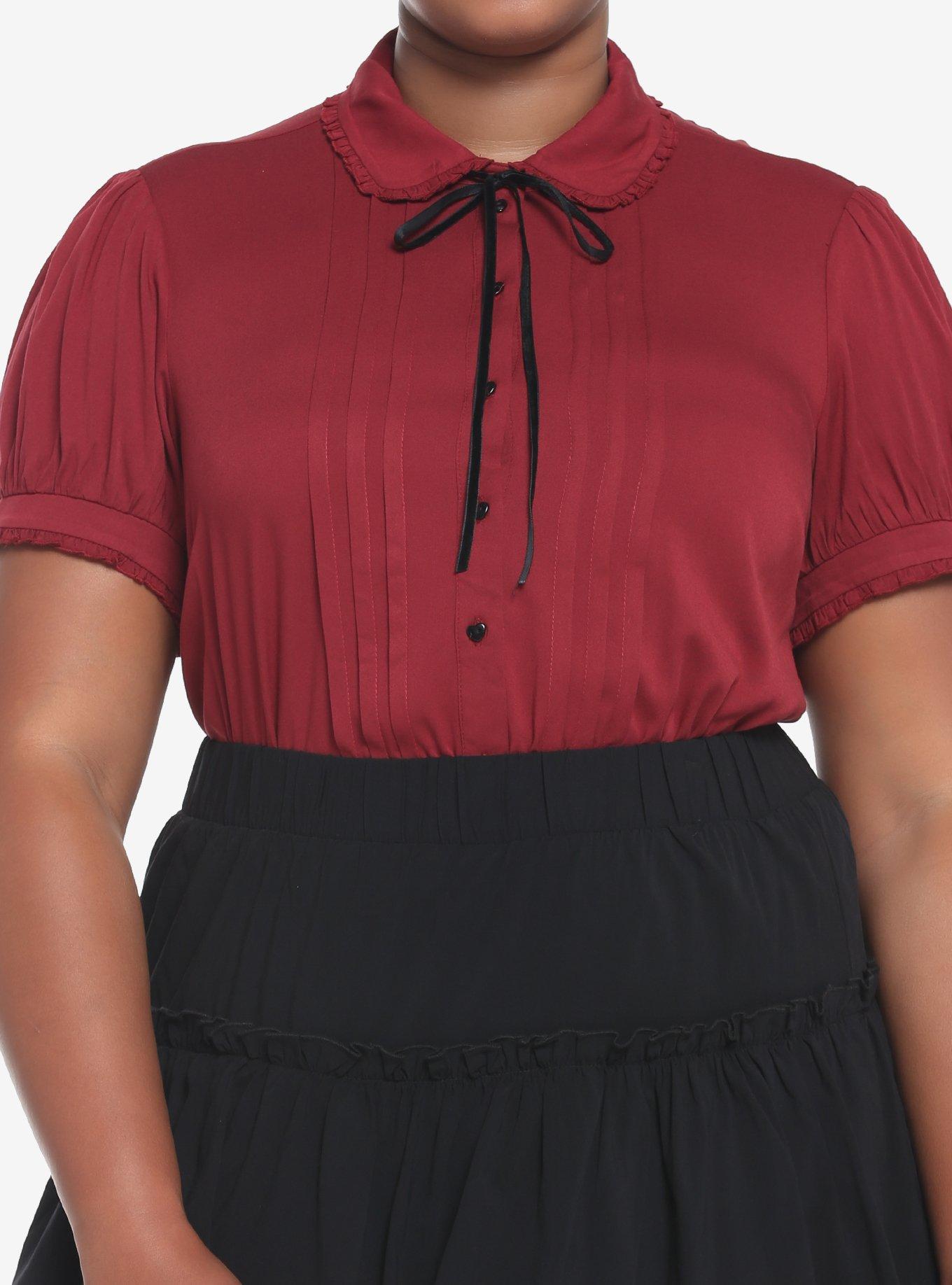 Dark Red Ribbon Tie Girls Woven Button-Up