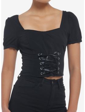 Black Corset Lace-Up Girls Crop Top, , hi-res