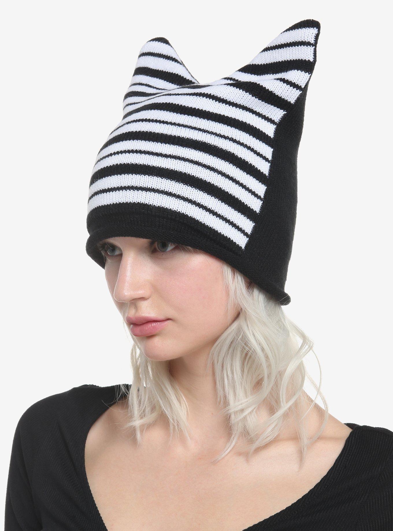 Black & White Stripe Faux Ear Beanie, , hi-res