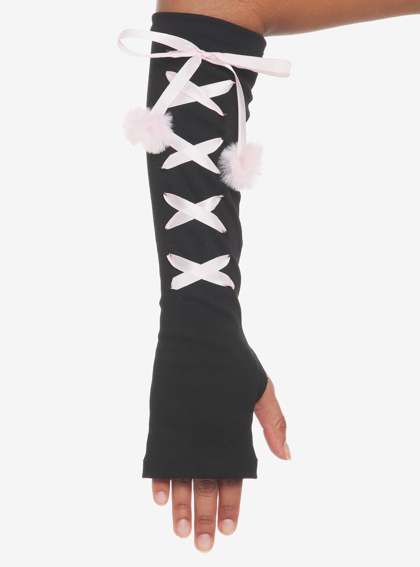 Black & Pink Cat Paw Lace-Up Arm Warmers, , hi-res