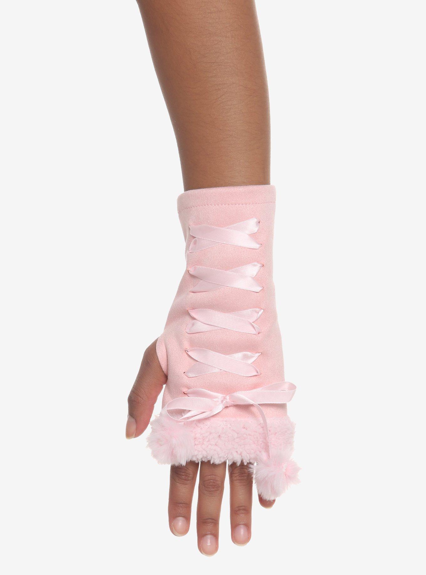 Pink Cat Paw Lace-Up Arm Warmers, , hi-res