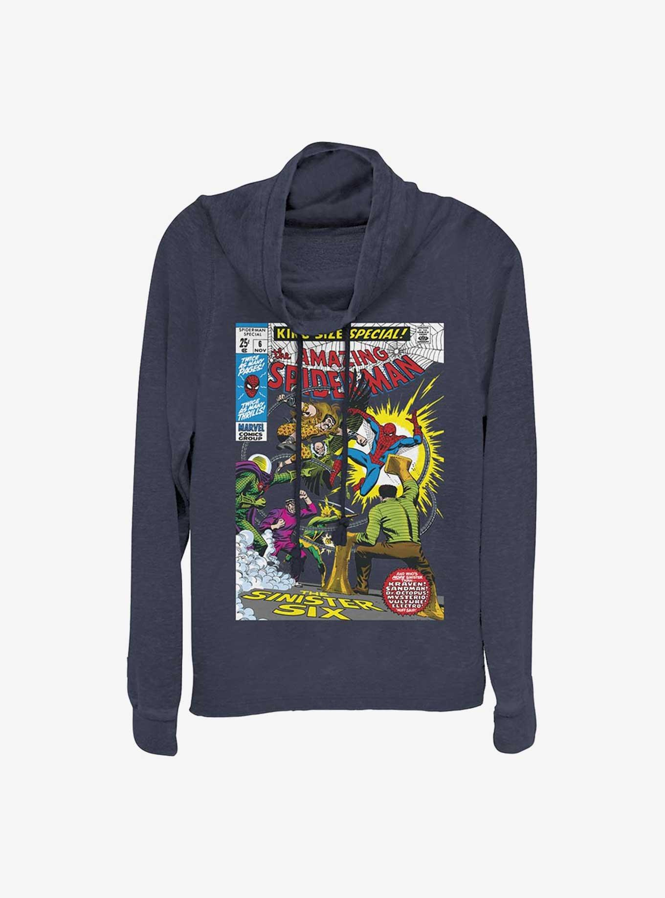 Marvel Spider-Man The Sinister Six Comic Cowl Neck Long-Sleeve Top, NAVY, hi-res