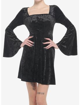 Black Crushed Velvet Bell Sleeve Mini Dress, , hi-res