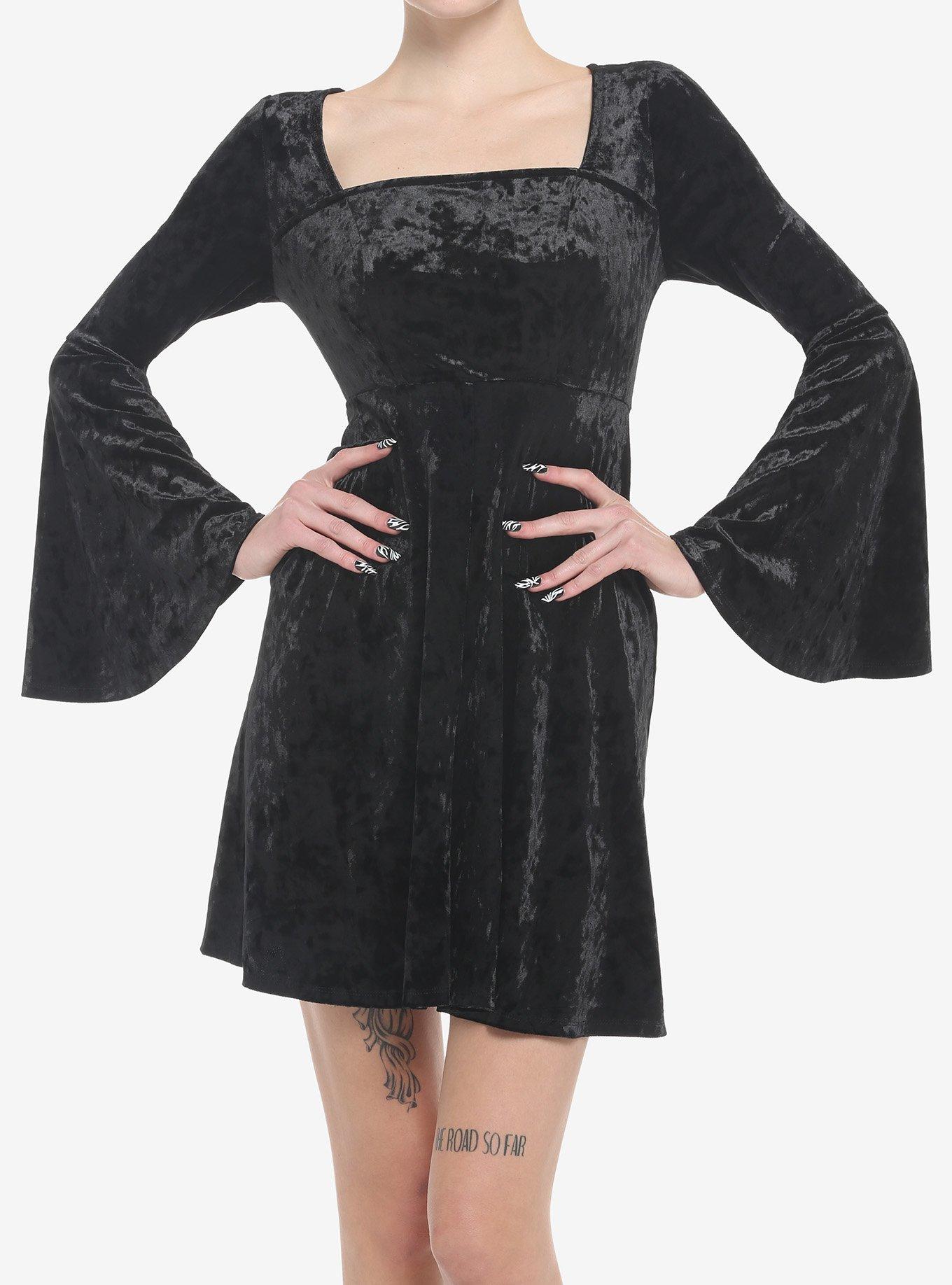 Black Crushed Velvet Bell Sleeve Mini Dress, BLACK, hi-res