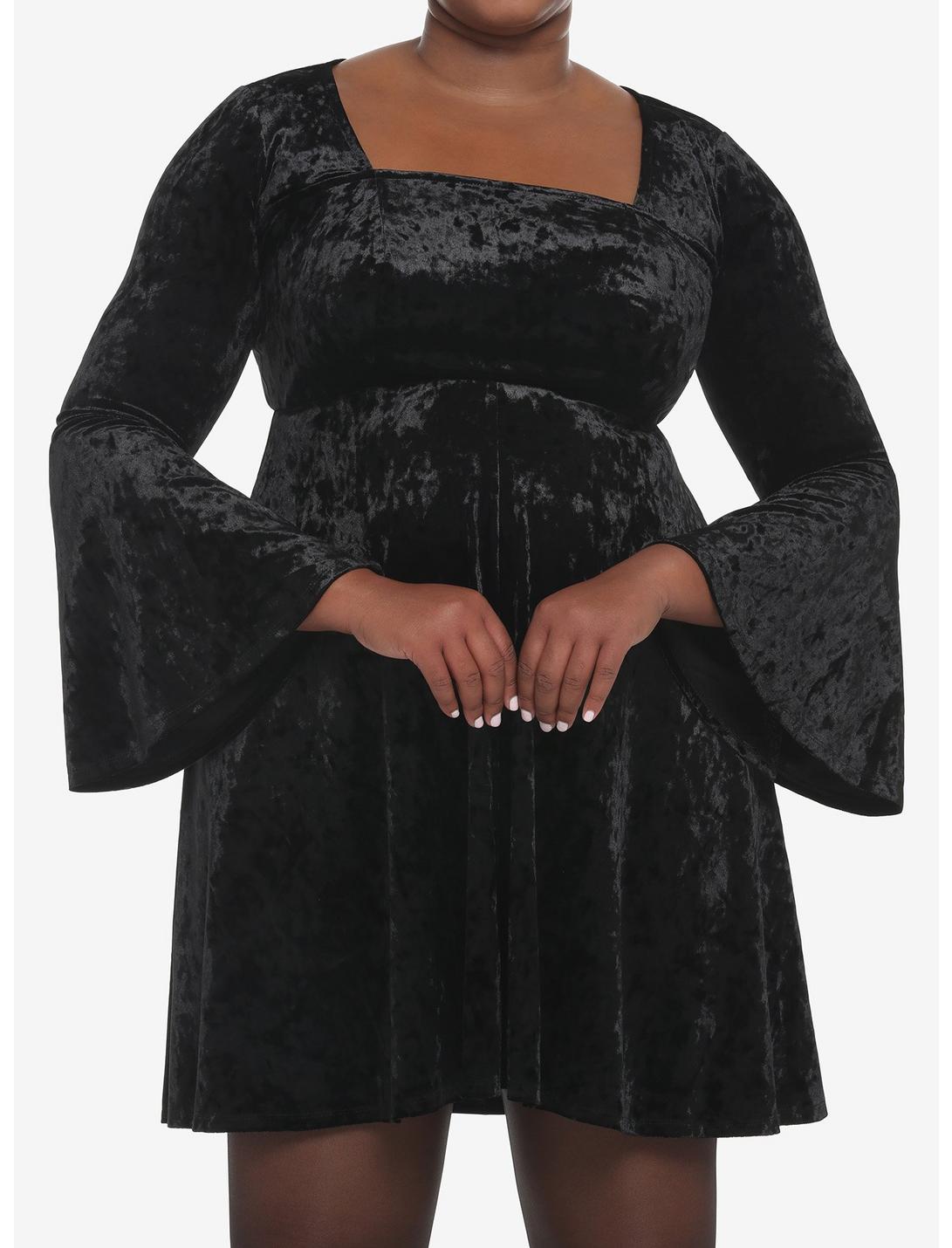 Black Crushed Velvet Bell-Sleeve Mini Dress Plus Size, BLACK, hi-res