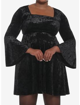 Black Crushed Velvet Bell-Sleeve Mini Dress Plus Size, , hi-res