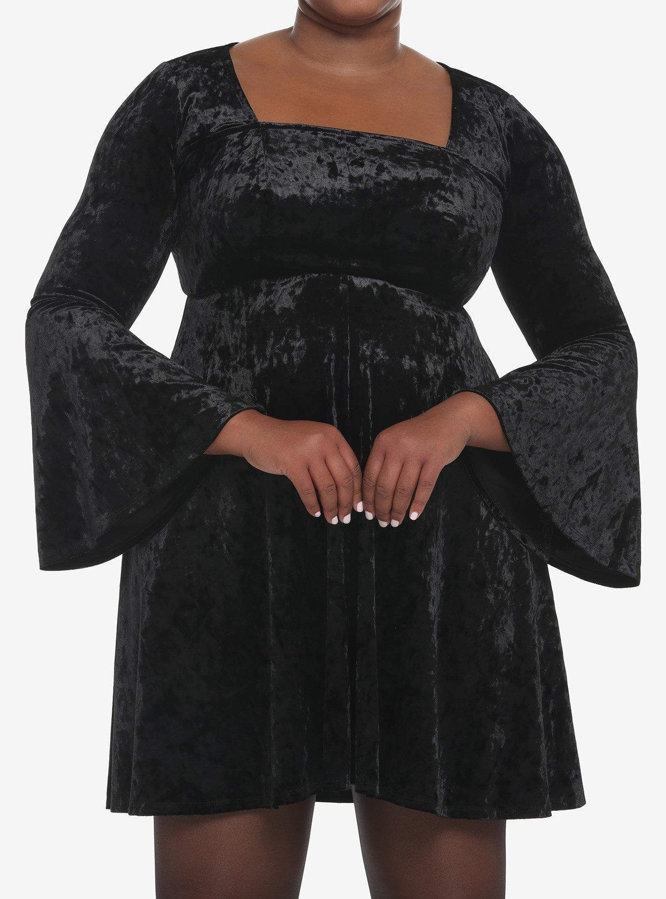 Black Crushed Velvet Bell-Sleeve Mini Dress Plus Size, BLACK, hi-res