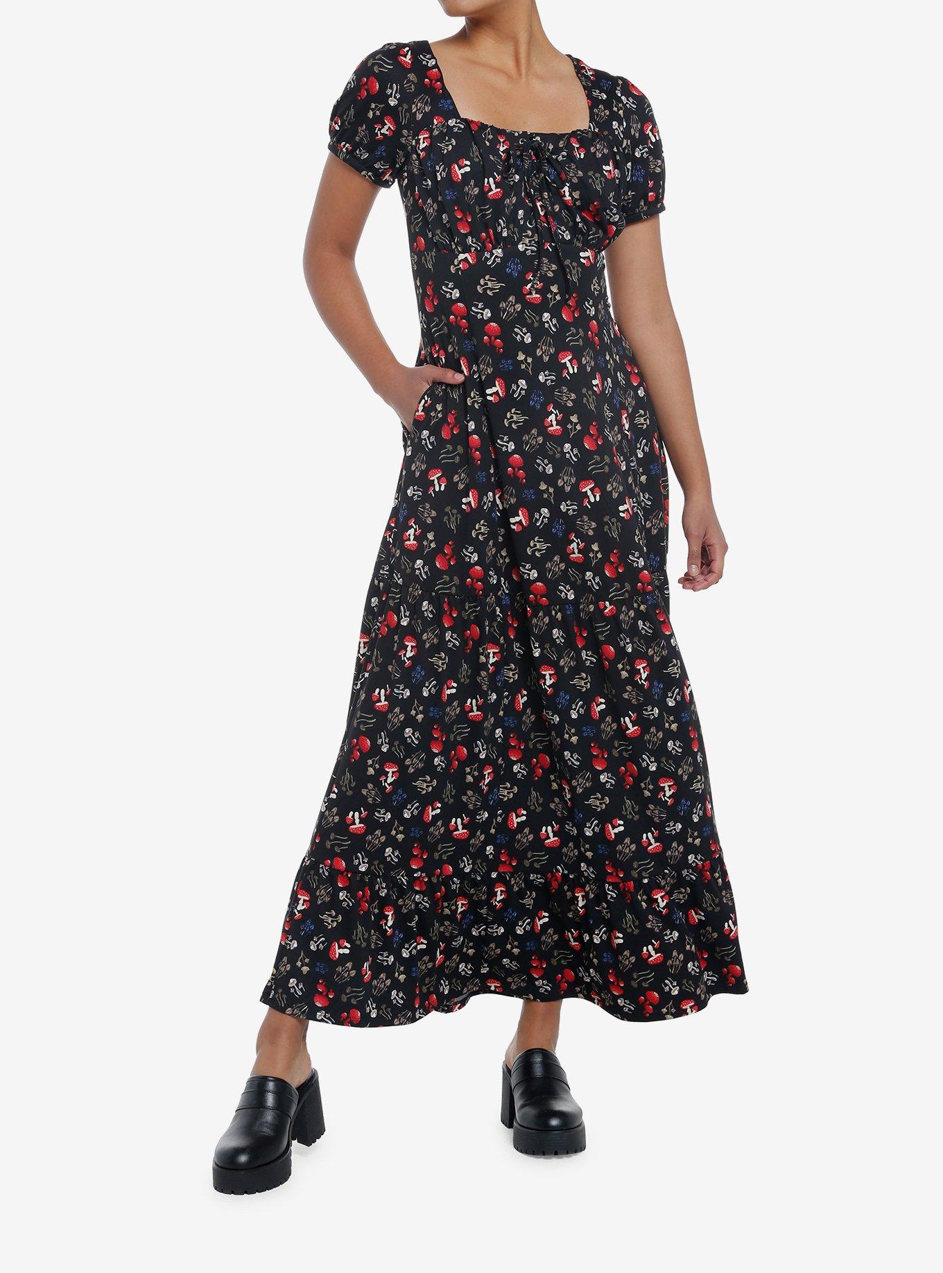 Mushrooms Allover Print Empire Waist Maxi Dress, MUSHROOM, hi-res