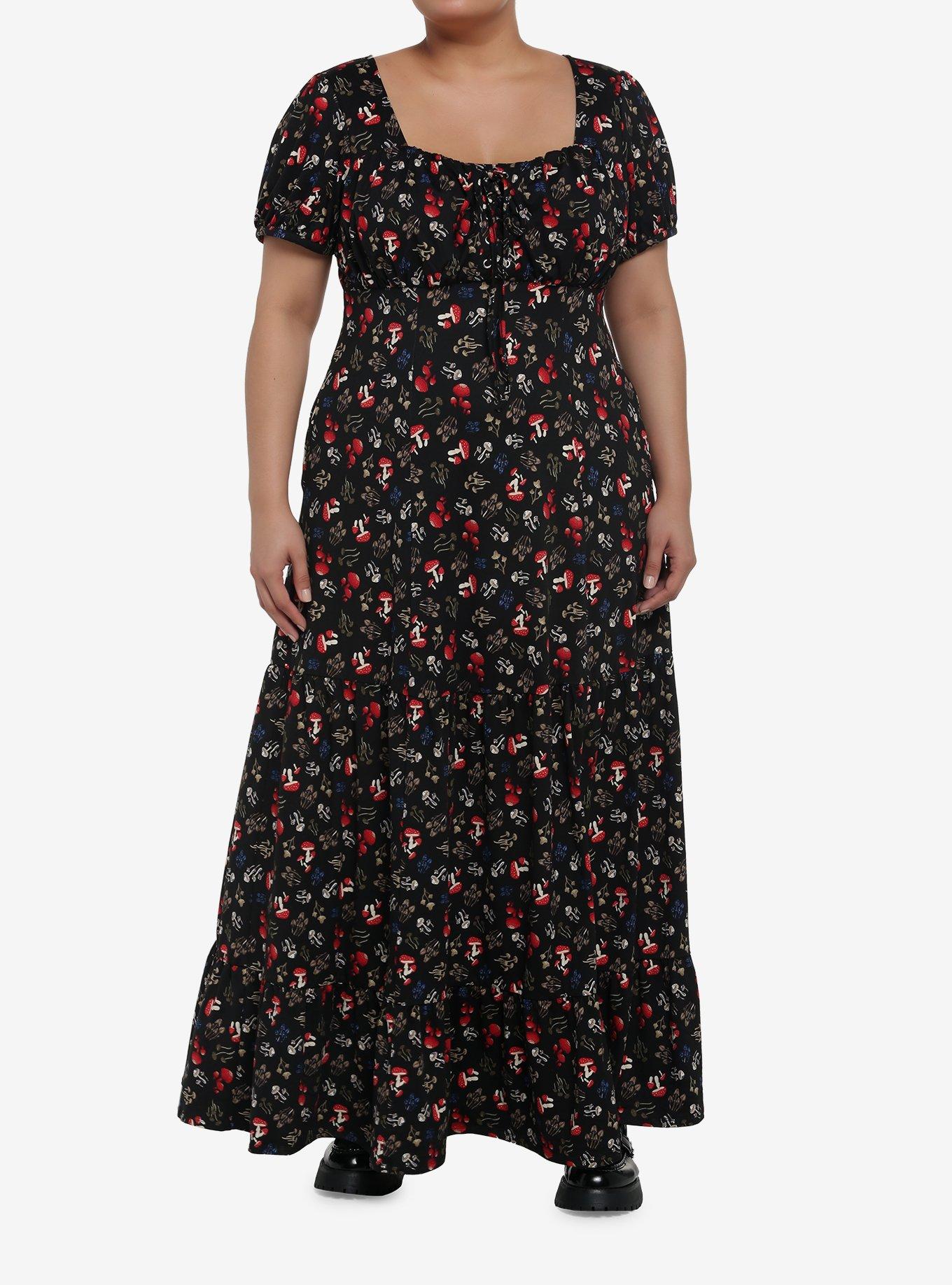Mushrooms Allover Print Empire Waist Max Dress Plus Size, MUSHROOM, hi-res