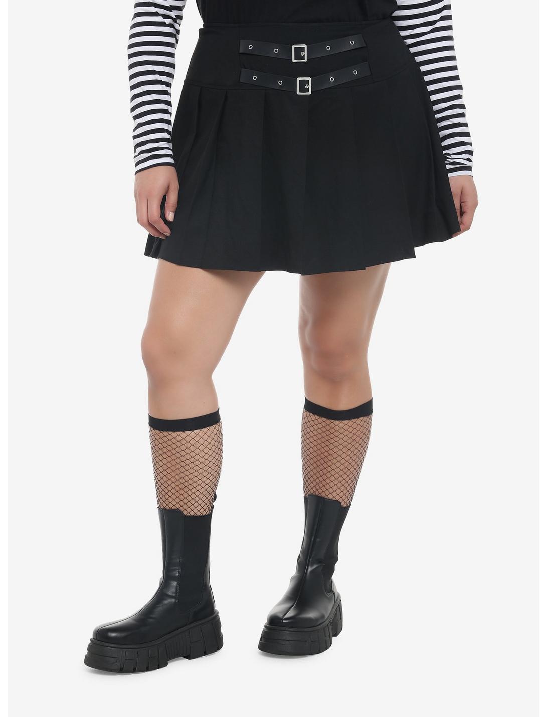 Black Buckle Waist Pleated Skirt Plus Size, BLACK, hi-res