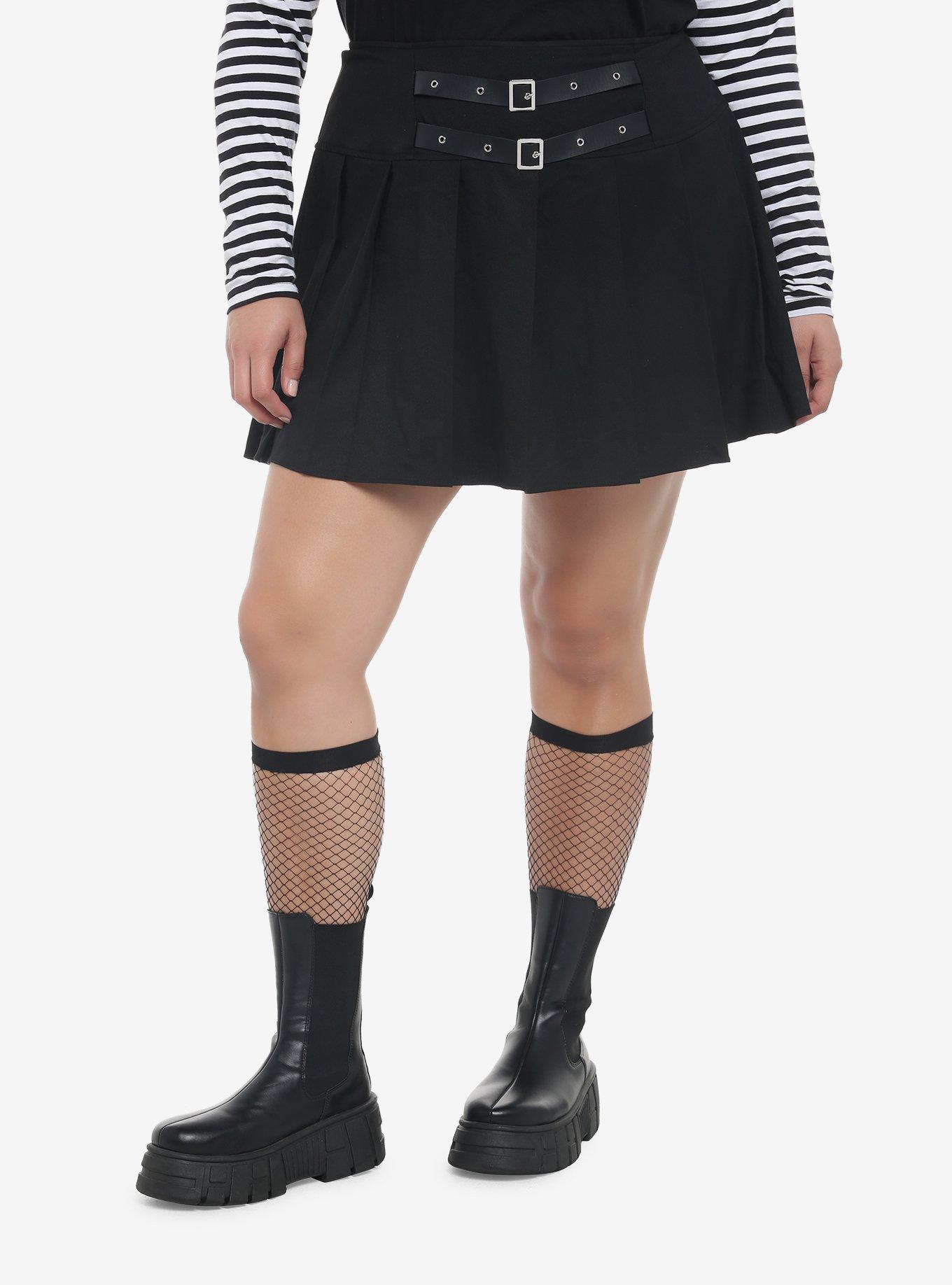 Black Buckle Waist Pleated Skirt Plus Size, BLACK, hi-res