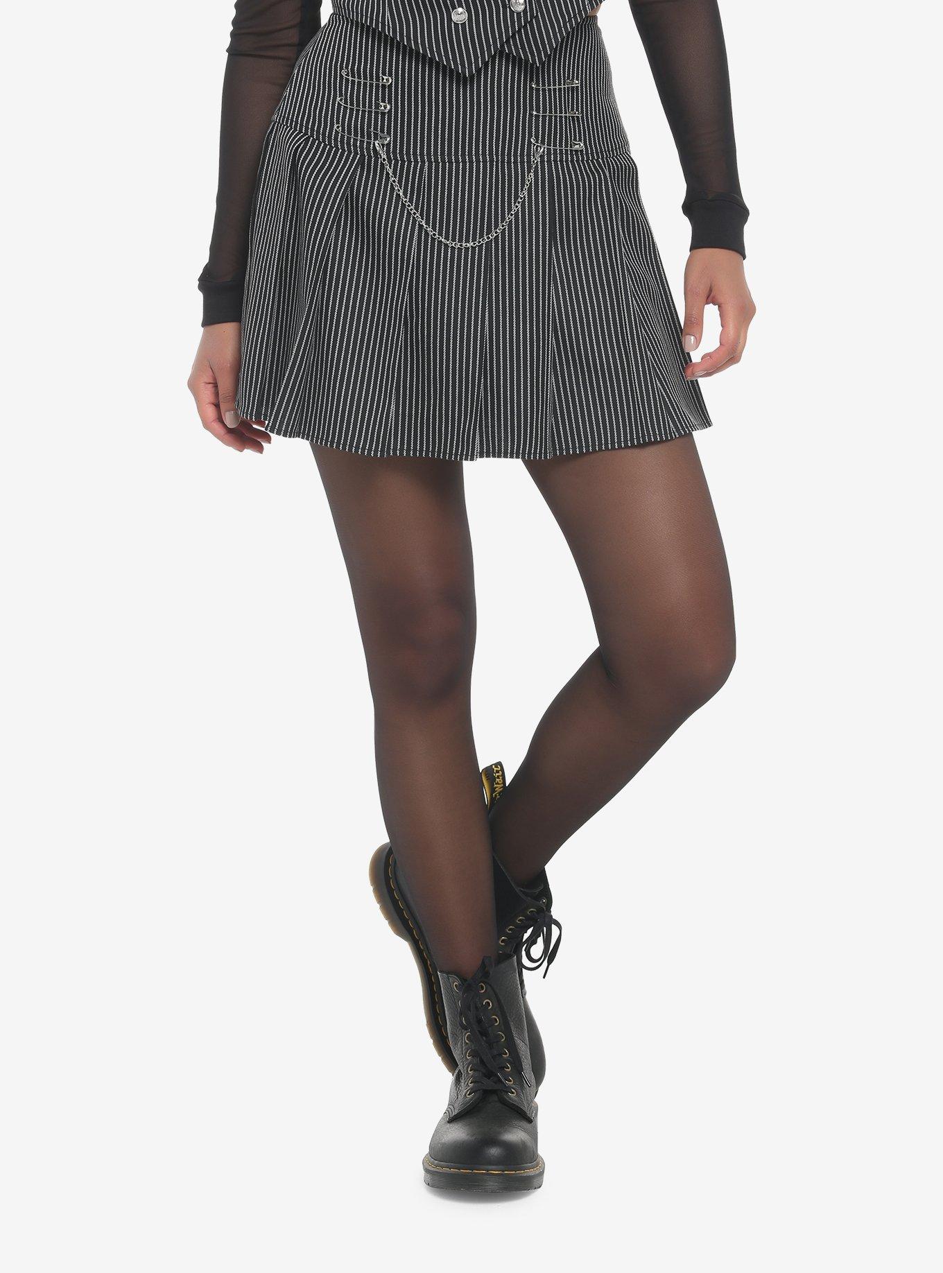 Pinstripe Safety Pin Pleated Skirt, PINSTRIPE, hi-res