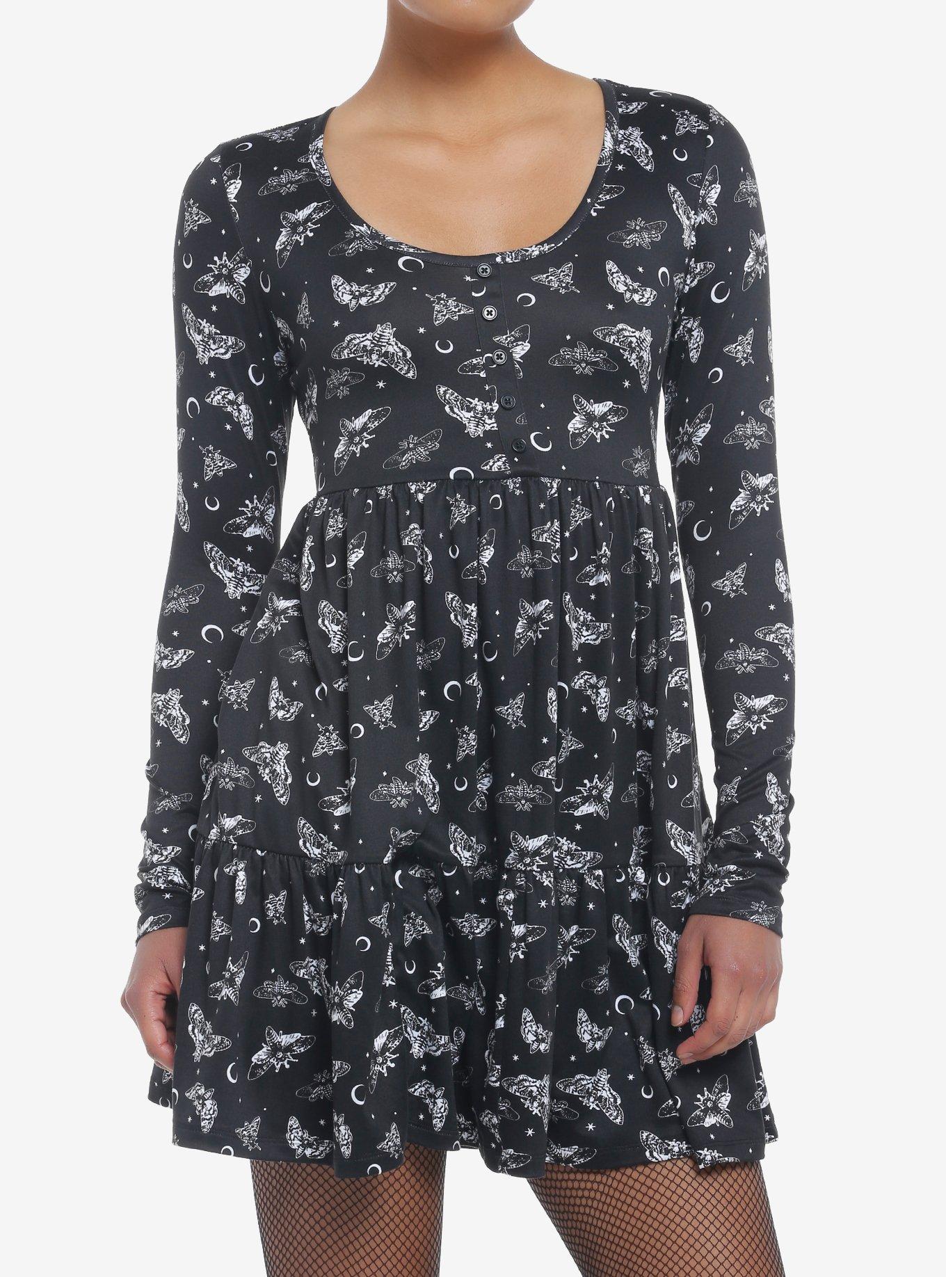 Black Moon Death Moth Tiered Long-Sleeve Dress, BLACK, hi-res