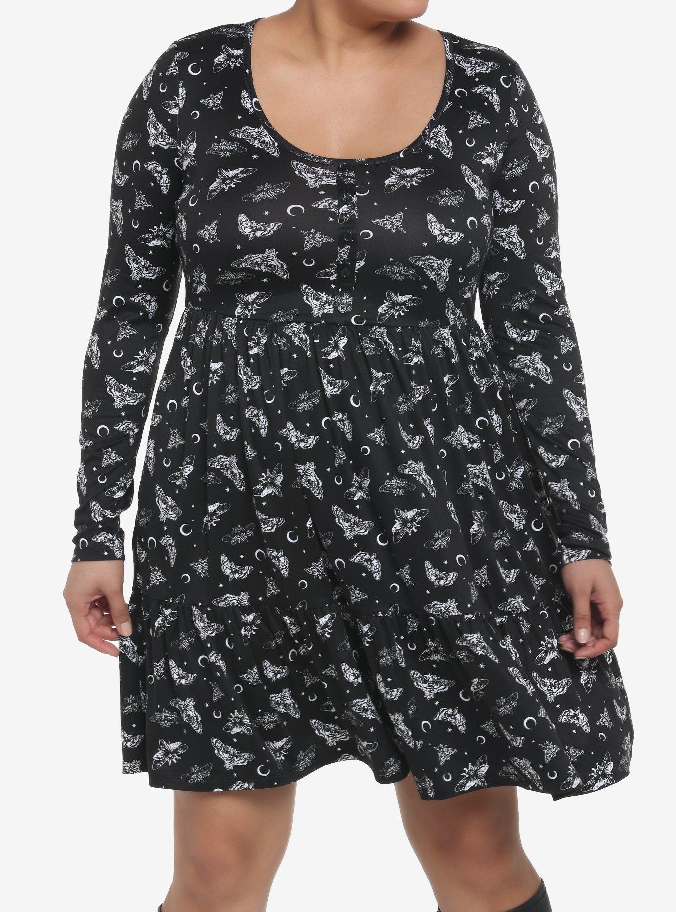 Black Moon Death Moth Tiered Long-Sleeve Dress Plus Size, BLACK, hi-res