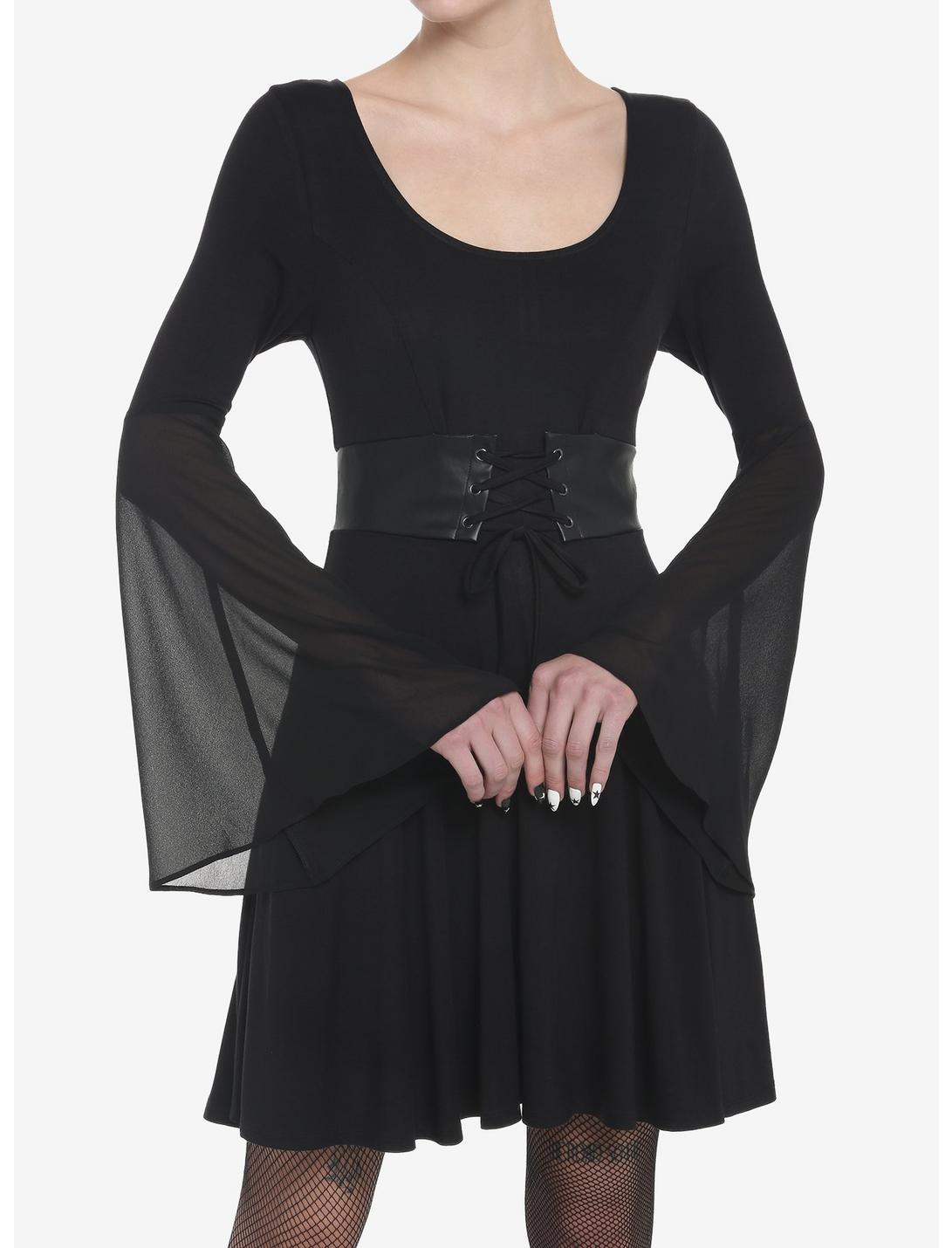 Black Satin Corset Bell Long-Sleeve Dress, BLACK, hi-res