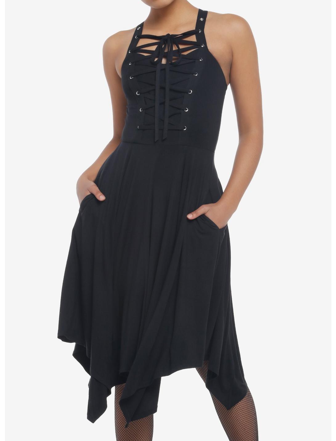 Grommet Lace-Up Hanky Hem Midi Dress, BLACK, hi-res