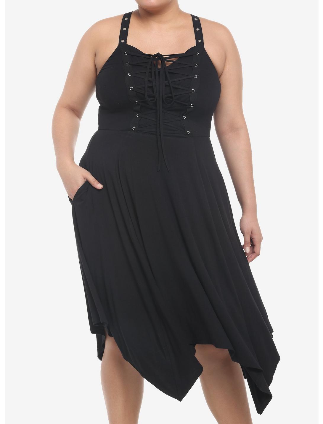 Grommet Lace-Up Hanky Hem Midi Dress Plus Size, BLACK, hi-res