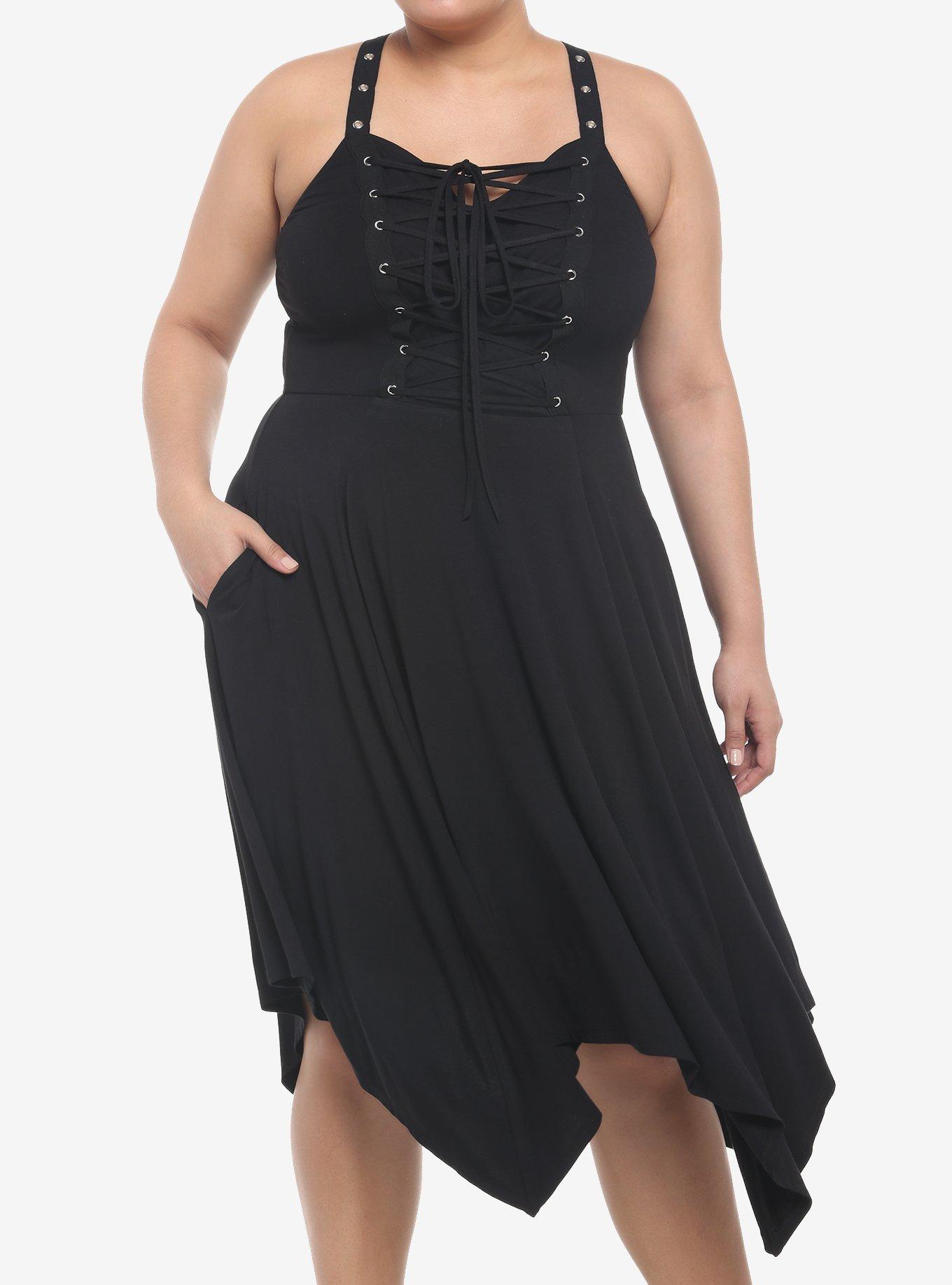 Grommet Lace-Up Hanky Hem Midi Dress Plus Size, BLACK, hi-res