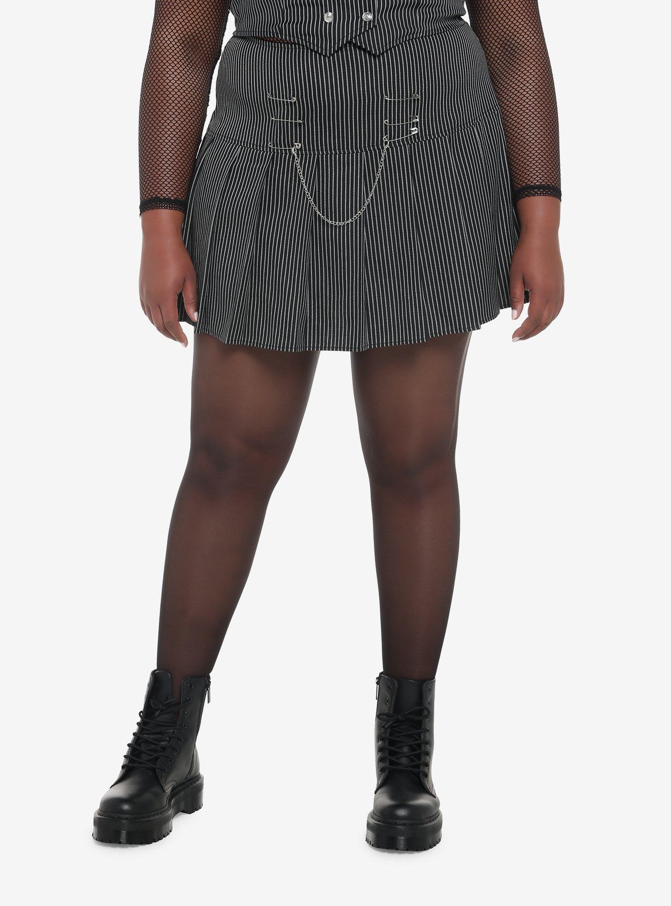 Pinstripe Safety Pin Pleated Skirt Plus Size, PINSTRIPE, hi-res