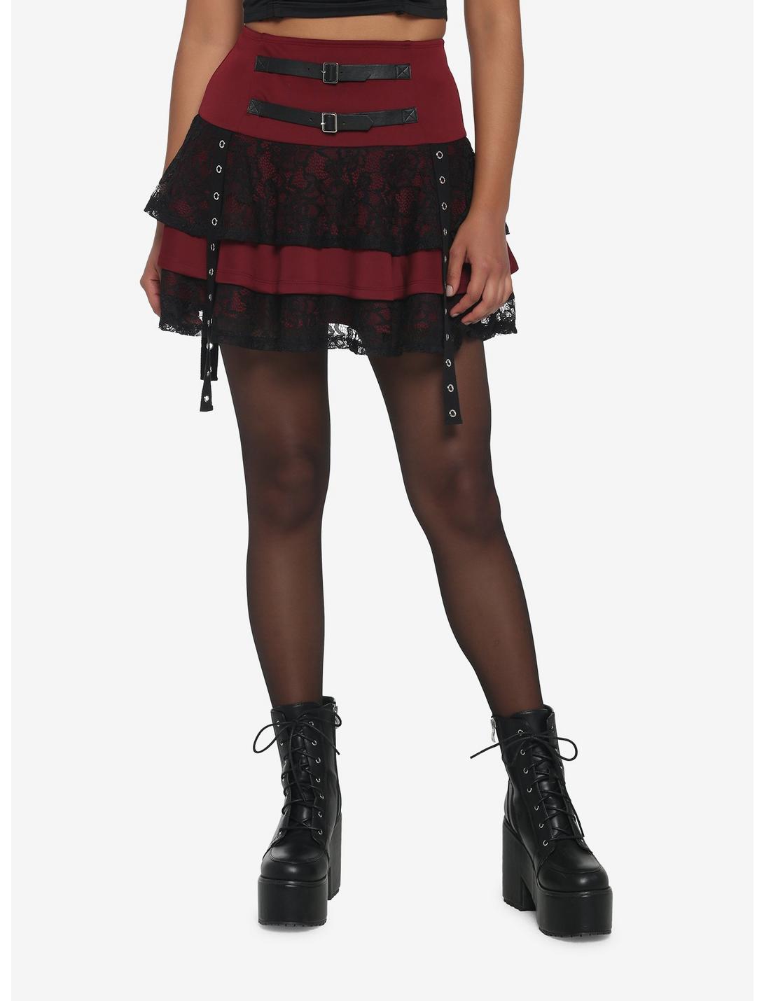 Burgundy Lace & Grommets Tiered Skirt, BURGUNDY, hi-res