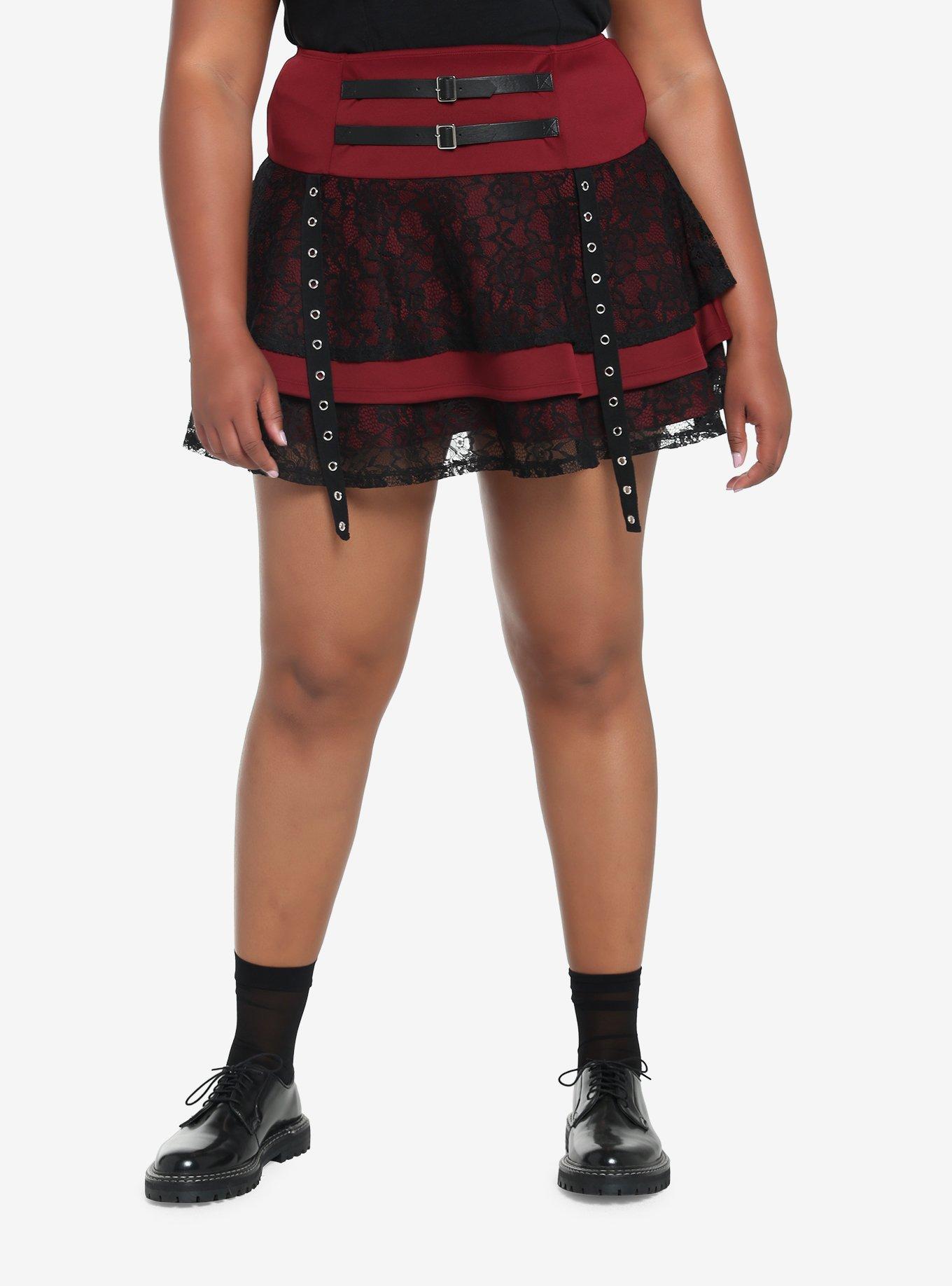Burgundy Lace & Grommets Tiered Skirt Plus Size