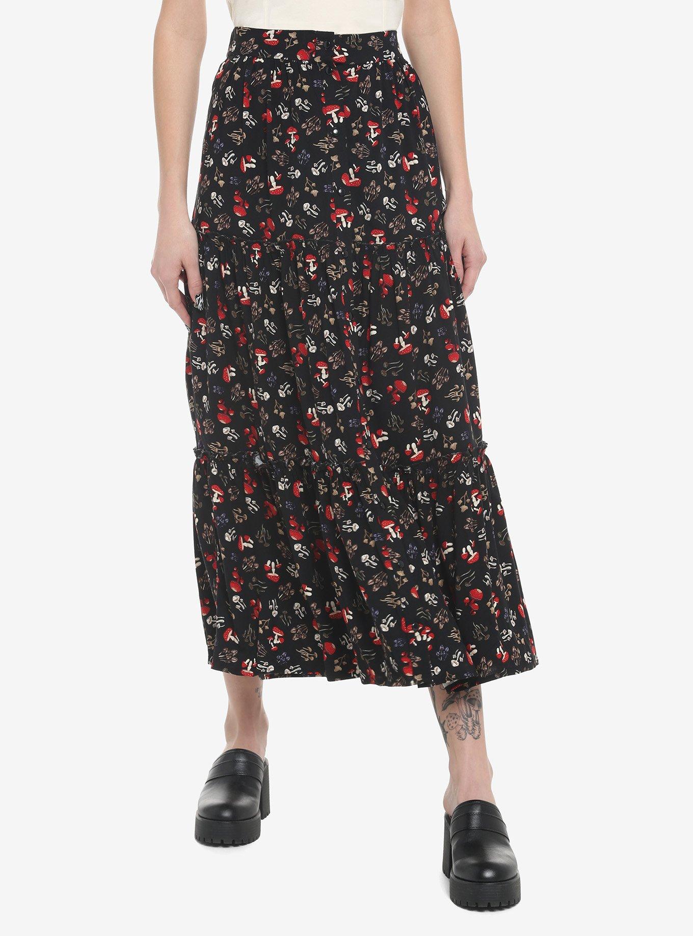 Mushroom Tiered ButtonFront Midi Skirt Hot Topic