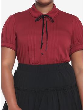 Dark Red Ribbon Tie Woven Button-Up Plus Size, , hi-res