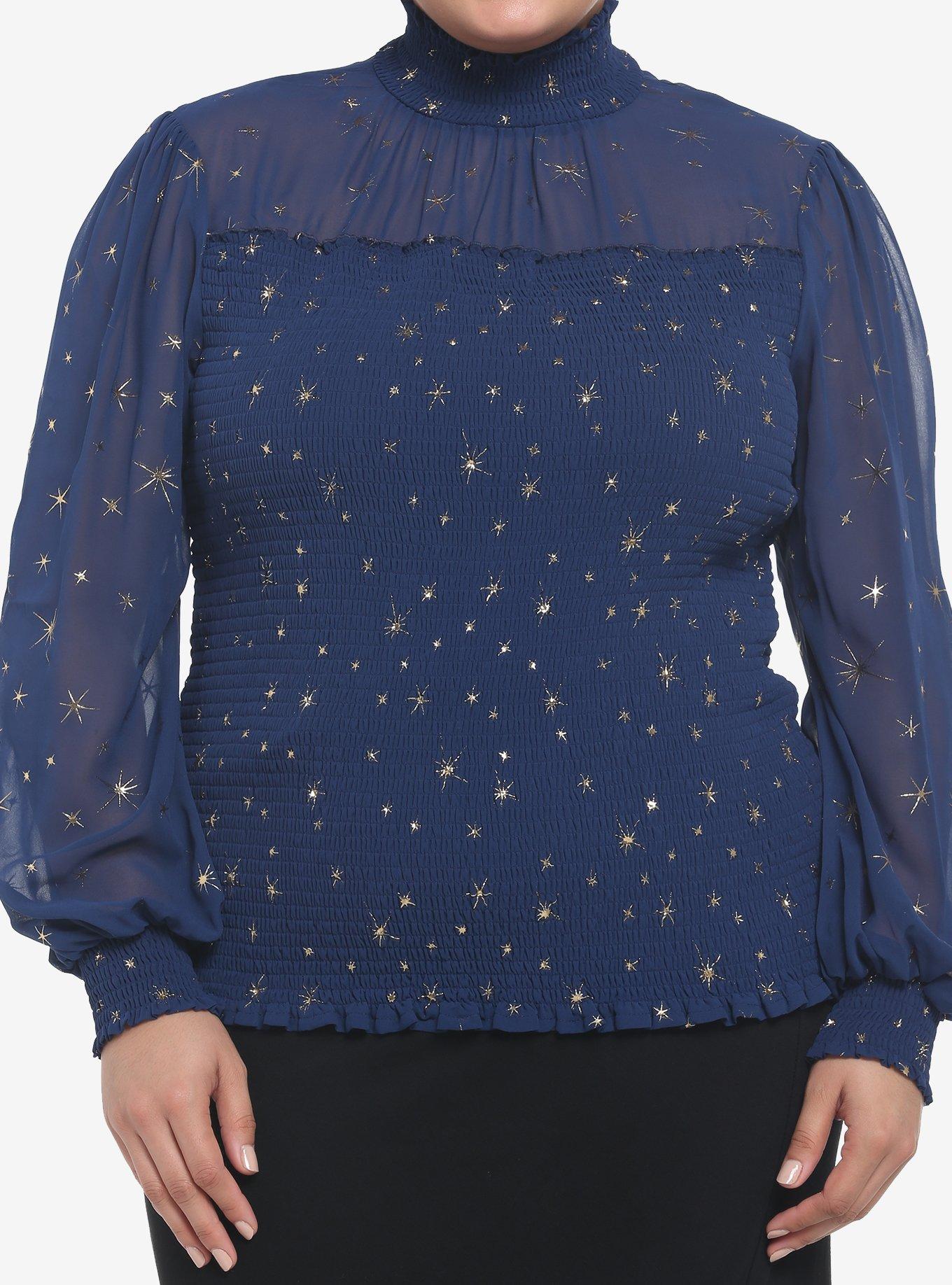 Her Universe Blue & Gold Star Mockneck Top Plus Size, DARK BLUE, hi-res