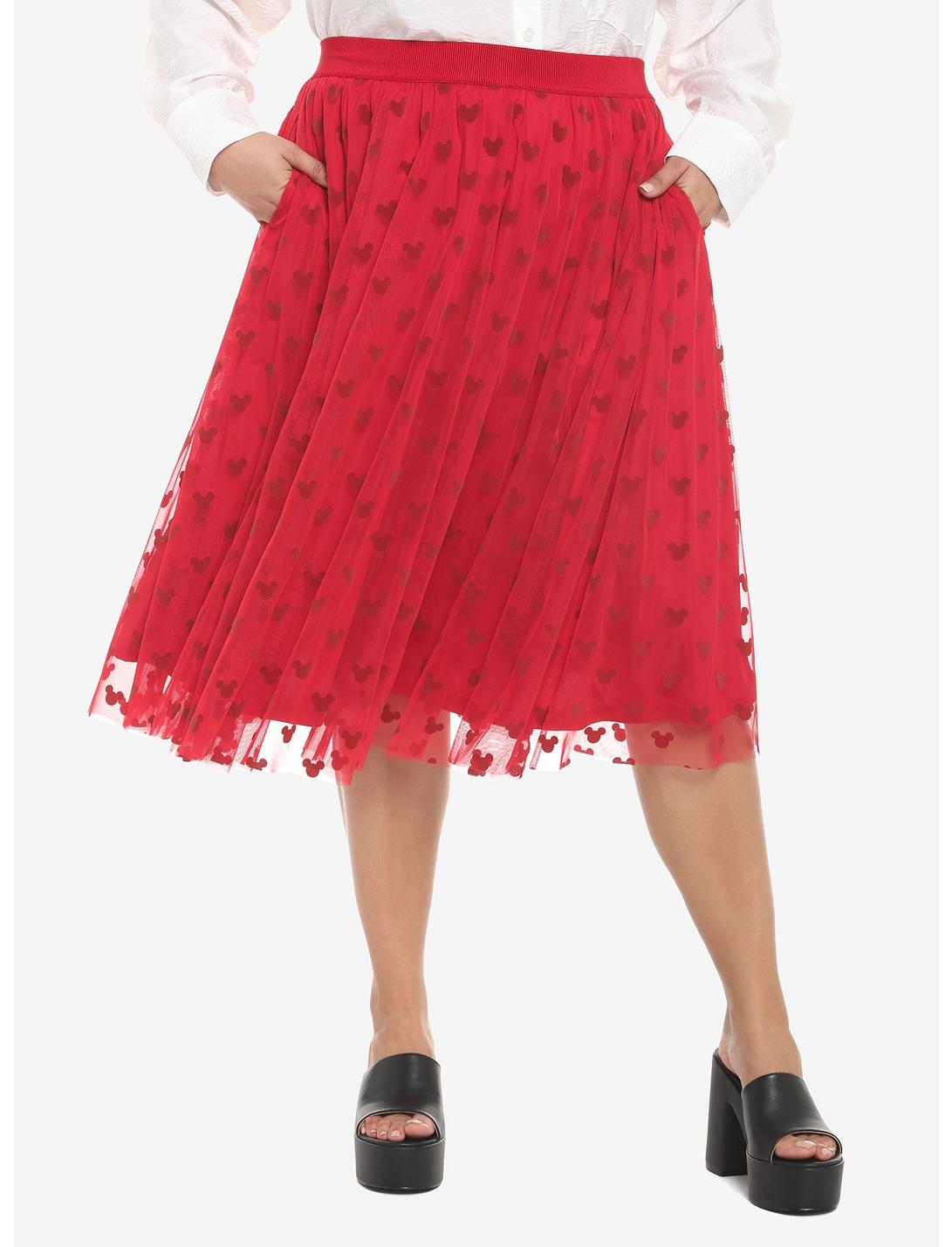 Her Universe Disney Mickey Mouse Red Mesh Midi Skirt Plus Size, RED, hi-res