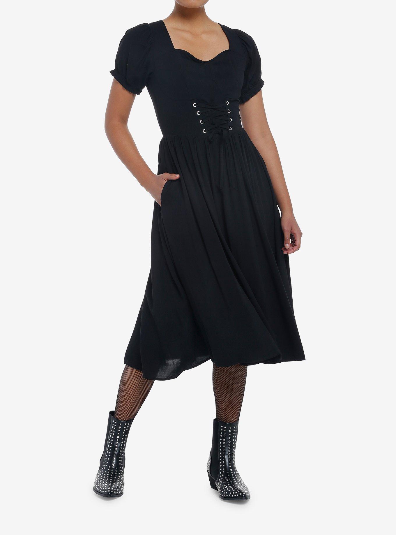 Black Puff Sleeve Corset Midi Dress