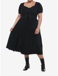 Black Puff Sleeve Corset Midi Dress Plus Size, BLACK, hi-res