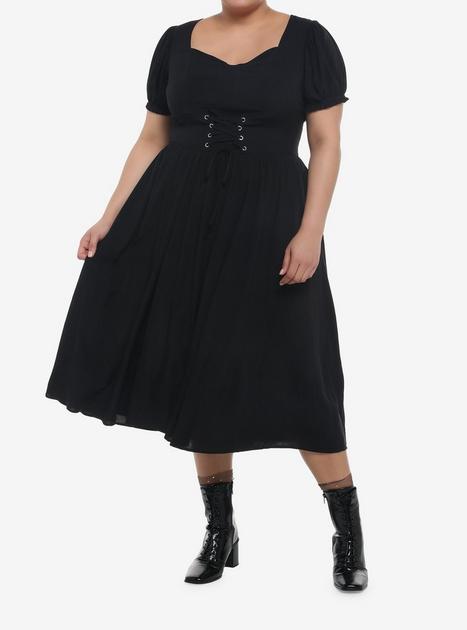 Black Puff Sleeve Corset Midi Dress Plus Size | Hot Topic