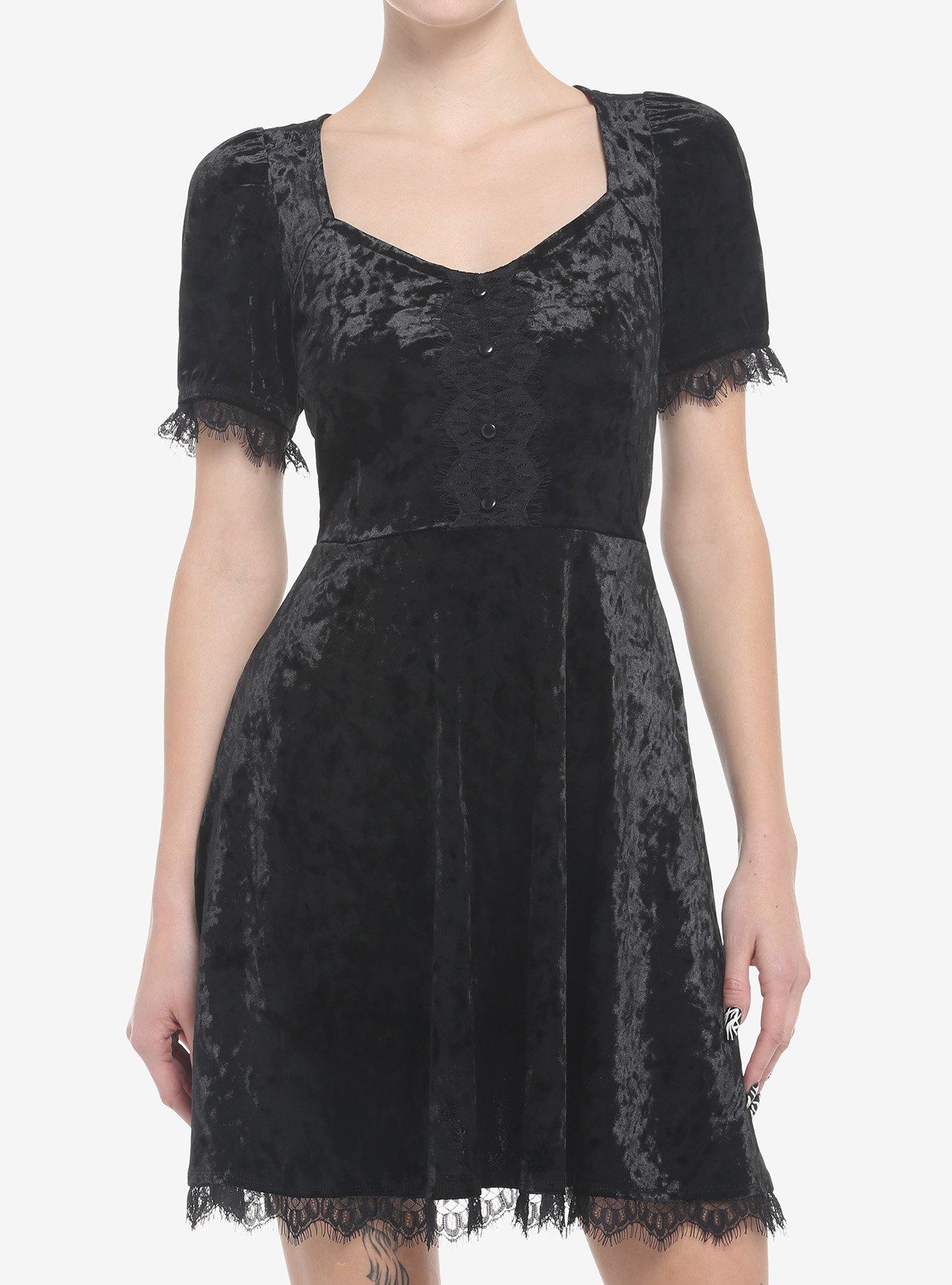 Black Crushed Velvet & Lace Mini Dress, BLACK, hi-res