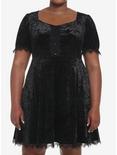 Black Crushed Velvet & Lace Mini Dress Plus Size, BLACK, hi-res