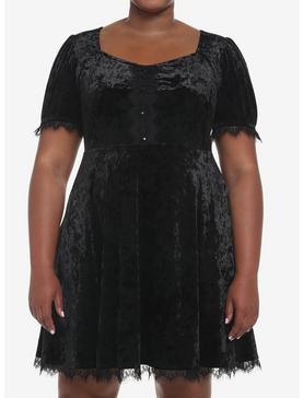 Black Crushed Velvet & Lace Mini Dress Plus Size, , hi-res