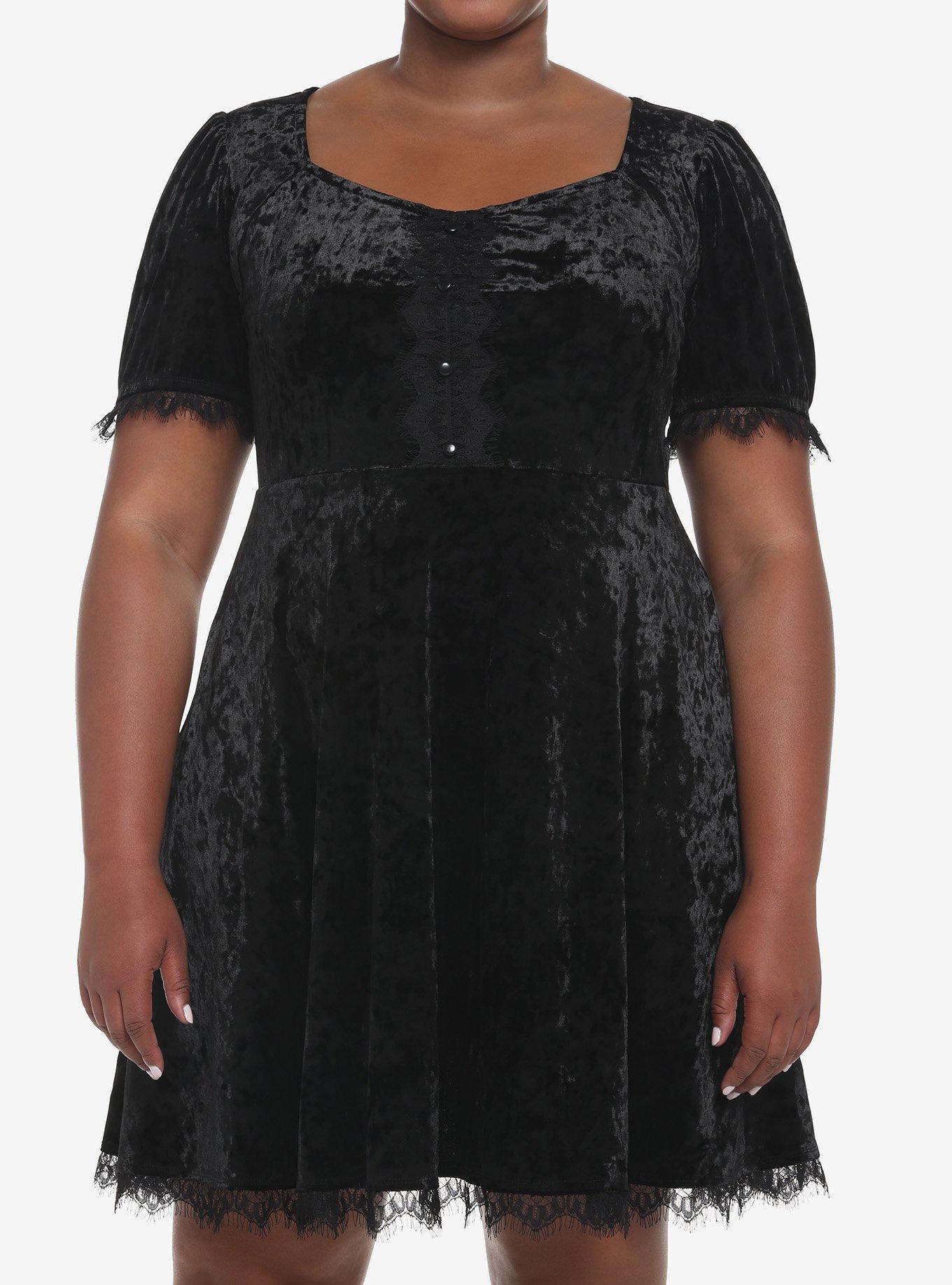 Black Crushed Velvet & Lace Mini Dress Plus Size, BLACK, hi-res