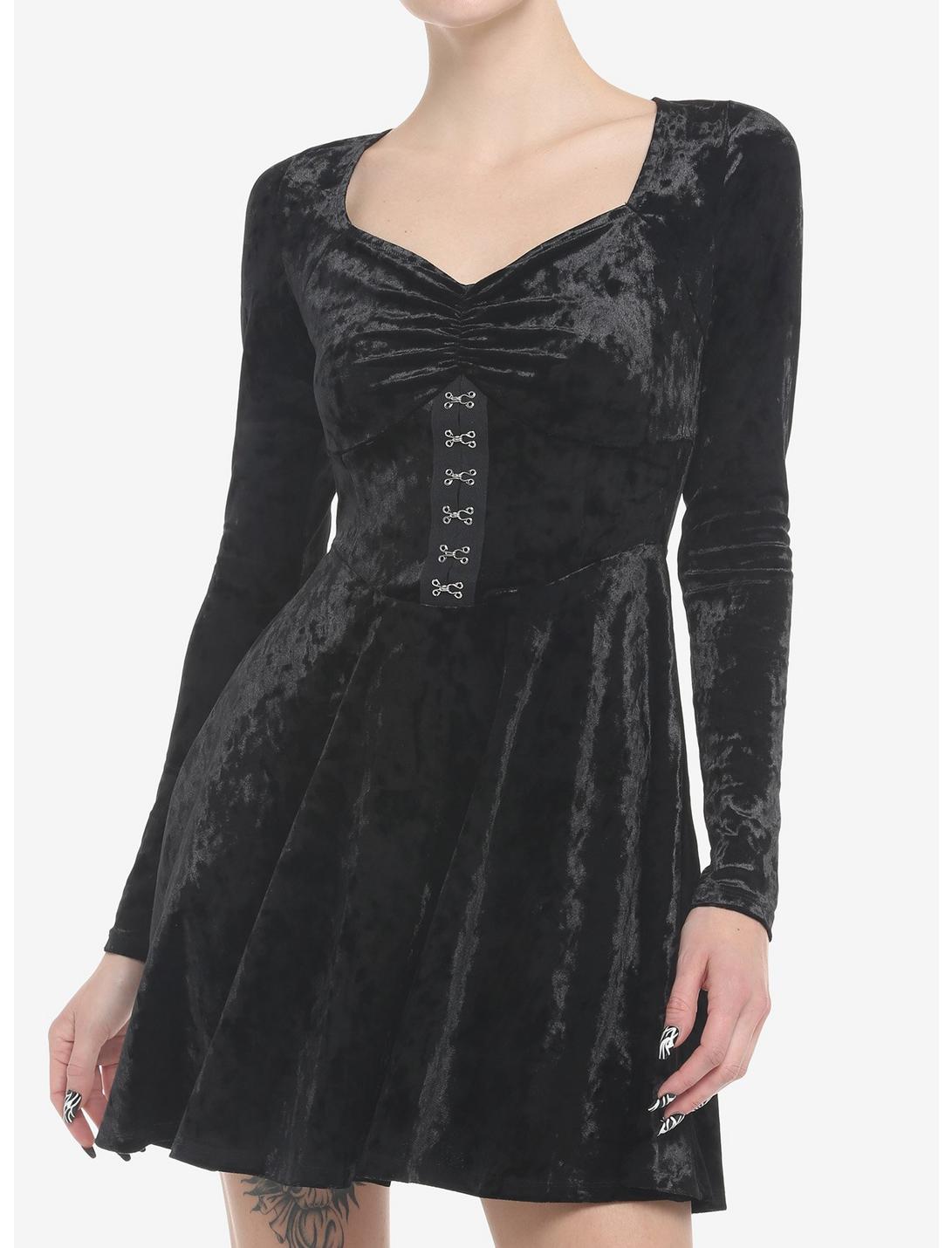 Black Crushed Velvet Hood-And-Eye Mini Dress, BLACK, hi-res