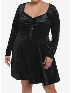 Black Crushed Velvet Hood-And-Eye Mini Dress Plus Size, , hi-res