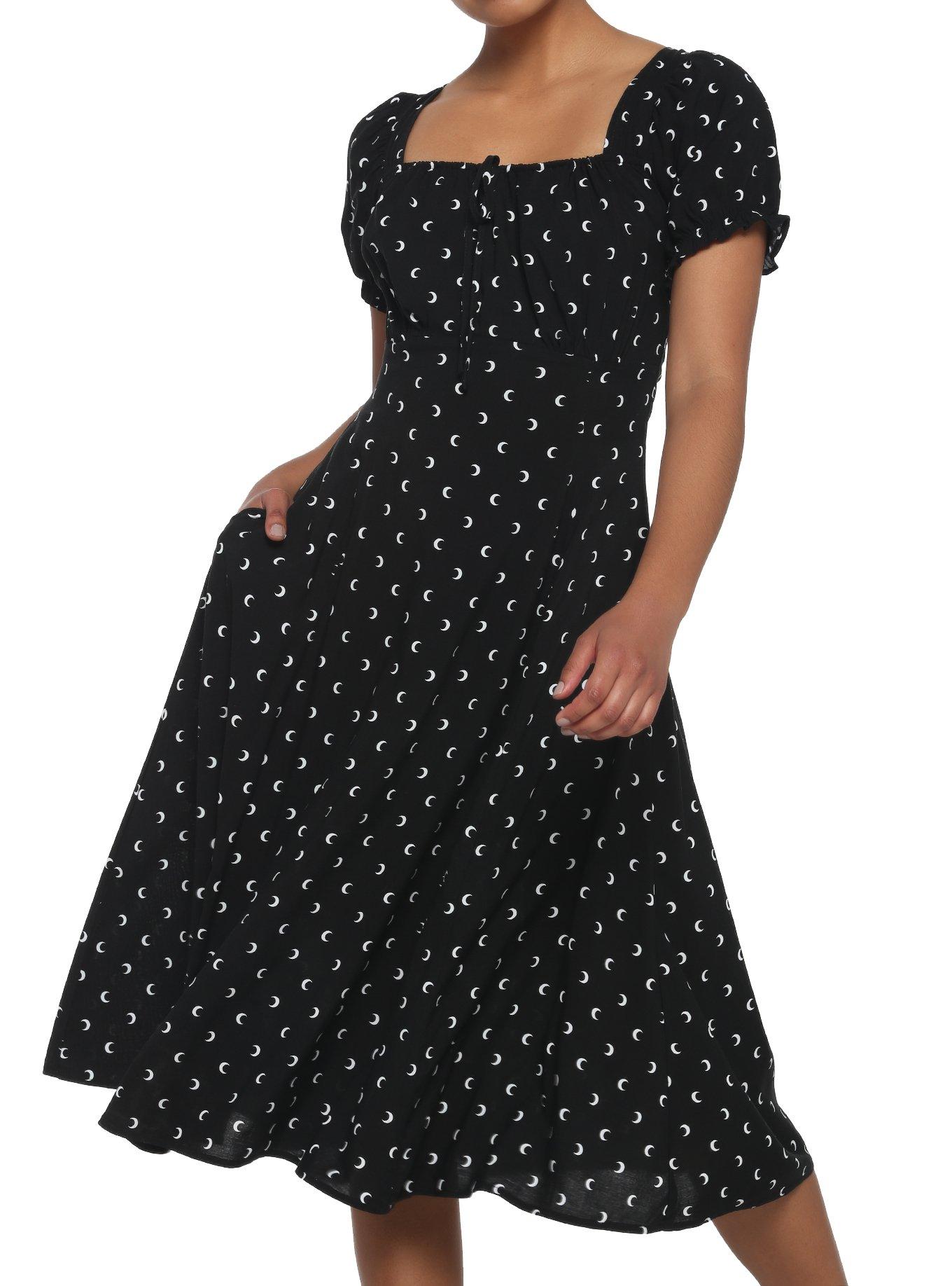 Black Crescent Moon Puff Sleeve Midi Dress, BLACK, hi-res