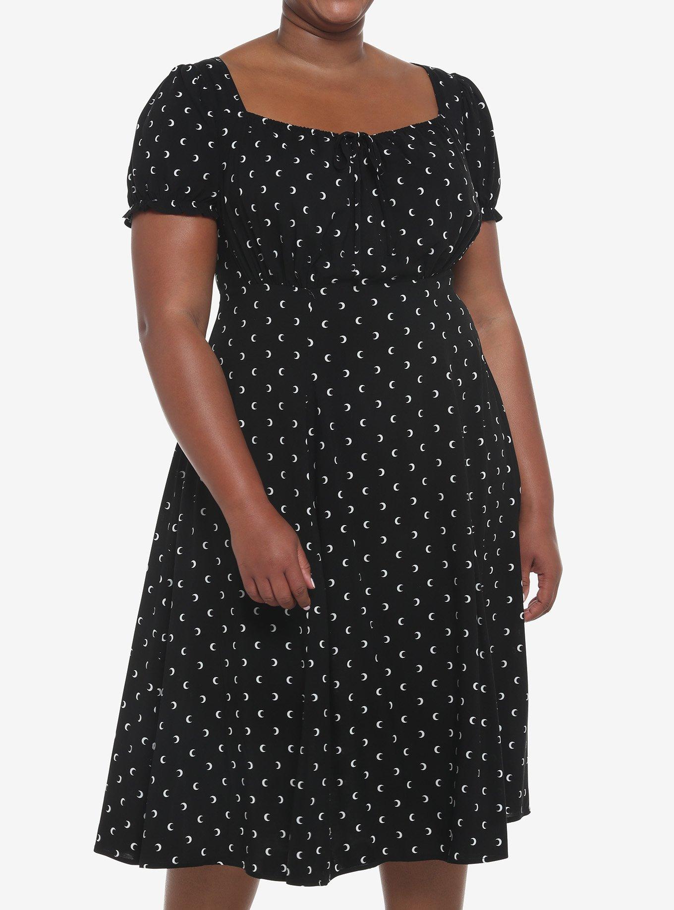 Black Crescent Moon Puff Sleeve Midi Dress Plus Size, BLACK, hi-res