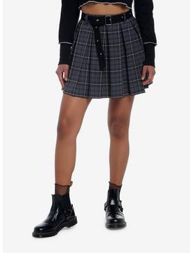 Grey Plaid Pleated Skirt With Grommet Belt, , hi-res