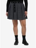 Grey Plaid Pleated Skirt With Grommet Belt Plus Size, PLAID - GREY, hi-res