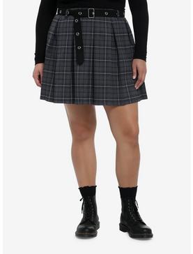 Grey Plaid Pleated Skirt With Grommet Belt Plus Size, , hi-res